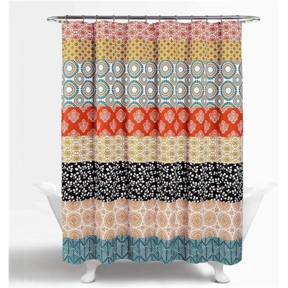 Bohemian Striped Shower Curtain Colorful Bold Design,72"x72",Turquoise & Orange - Picture 2 of 5
